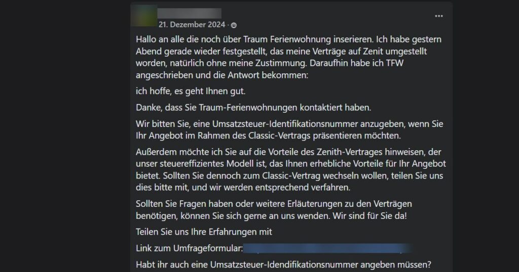 Traum-Ferienwohnung Erfahrung - wird einfach auf Zenit umgestellt?